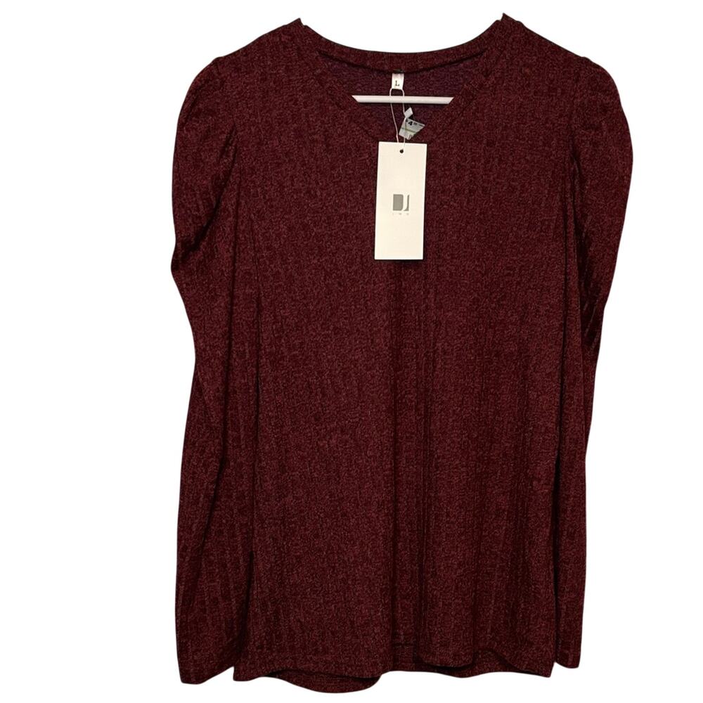JWD Burgundy Knit Top NWT Puff Shoulder Long Sleeve Blouse Size Large